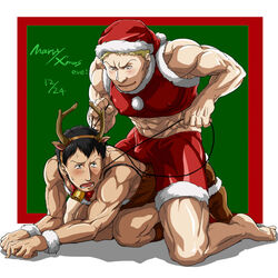  2boys abs alternate_costume animal_costume antlers bare_arms bare_shoulders bertolt_hoover black_hair blonde_hair blush bulge christmas covered_nipples dark-skinned_male dark_skin embarrassed full_body hat horns male_focus midriff multiple_boys muscular muscular_male navel on_person pectorals reindeer_antlers reindeer_costume reiner_braun santa_costume santa_hat sexually_suggestive shingeki_no_kyojin short_hair sitting sitting_on_person sleeveless thighs toned toned_male yaoi zyunya 