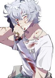  1boy animal_ears arknights bags_under_eyes bandaid bandaid_on_hand bear_boy bear_ears bishounen blood blood_on_clothes blood_on_face blood_on_knife blood_splatter cowboy_shot highres jaye_(arknights) jaye_(elite_ii)_(arknights) jewelry kanji knife male_focus necklace nekoma_hikaru ring ring_necklace scar scar_on_arm shirt short_hair sleepy white_hair white_shirt 