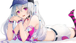  ass bare_shoulders baseball_cap bead_bracelet beads belt bikini bikini_top_only bikini_under_clothes black_choker bracelet breasts choker collarbone commentary_request crop_top earrings emoechi_pro female frills halterneck hands_up hat highres jewelry kanase_lilia leg_up long_hair looking_at_viewer lying medium_breasts midriff off-shoulder_shirt off_shoulder on_stomach open_mouth pink_eyes shirt short_shorts short_sleeves shorts sidelocks smile snozaki solo striped_bikini striped_clothes striped_thighhighs swimsuit thighhighs twintails virtual_youtuber white_hair white_shirt white_shorts 