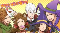  5boys adjusting_clothes adjusting_headwear animal_costume animal_ears black_cape black_hair brown_eyes brown_hair candy cape commentary_request facepaint fangs fangs_out food fox_mask fur_collar green_eyes green_scarf halloween halloween_costume hat holding holding_mask ishida_mitsunari_(sengoku_basara) jigoku_meguri lollipop looking_at_another looking_at_viewer male_focus mask mouri_motonari_(sengoku_basara) multiple_boys open_mouth paw_pose red_ribbon ribbon sanada_yukimura_(sengoku_basara) sarutobi_sasuke_(sengoku_basara) scarf sengoku_basara short_hair smile teeth tokugawa_ieyasu_(sengoku_basara) unworn_mask upper_body vampire vampire_costume white_hair witch_hat wolf_boy wolf_costume wolf_ears wolf_paws yellow_background 