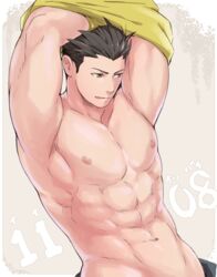  1boy abs arms_up bara bare_pectorals black_hair brown_eyes jigoku_meguri large_pectorals licking_lips male_focus muscular muscular_male navel nipples pectorals sengoku_basara short_hair simple_background solo spiked_hair tokugawa_ieyasu_(sengoku_basara) tongue tongue_out undressing upper_body 