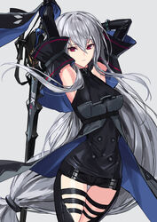  arknights armpits arms_behind_head arms_up ascot black_ascot black_pants black_shirt chaps clothing_cutout female grey_background grey_hair hair_between_eyes highres holding holding_sword holding_weapon long_hair looking_at_viewer low-tied_long_hair pants red_eyes shirt sigm@ simple_background skadi_(arknights) skadi_(elite_ii)_(arknights) sleeveless sleeveless_shirt solo sword thigh_cutout weapon 