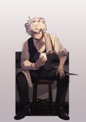  1boy absurdres alternate_costume animal_ears arknights bags_under_eyes bear_boy bear_ears bishounen chair full_body highres ice if_f jaye_(arknights) jewelry knife male_focus necklace purple_eyes ring ring_necklace shoes short_hair sitting sleepy solo stool vest white_hair 