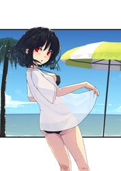  ass back bikini black_bikini black_hair blue_sky breasts cloud commentary_request day female futatsuki_eru highres looking_at_viewer medium_hair ocean outdoors palm_tree parasol parted_lips ponytail red_eyes see-through shameimaru_aya sky solo swimsuit touhou tree umbrella 