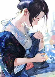  artist_name blue_kimono breasts closed_eyes closed_mouth commentary eyelashes female fireworks_print forehead hair_bun highres japanese_clothes kimono lips lipstick looking_down makeup medium_breasts obi off_shoulder original parted_bangs robe sash see-through short_hair signature simple_background single_hair_bun solo umishima_senbon undressing white_background white_robe 