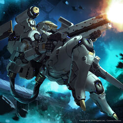  copyright_name cosmos_invictus english_commentary firing floating gun highres holding holding_gun holding_weapon jessada_sutthi looking_ahead mecha official_art photoshop_(medium) robot science_fiction shoulder_cannon solo space watermark weapon 