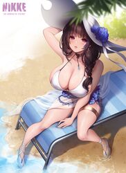  absurdres bare_shoulders beach bikini black_hair blush braid breasts cleavage collarbone female from_above goddess_of_victory:_nikke hair_over_shoulder hand_on_headwear hat highres huge_breasts long_hair mary_(bay_goddess)_(nikke) mary_(nikke) md5_mismatch outdoors parted_lips side_braid sitting solo sun_hat swimsuit thighs toriseru_(rare_stone) unusually_open_eyes white_footwear 