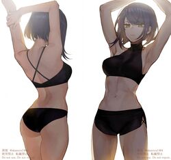  armpits arms_up ass asymmetrical_hair back bad_id bad_pixiv_id bikini black_bikini black_hair breasts closed_mouth commentary_request cowboy_shot expressionless female genshin_impact kujou_sara medium_breasts multiple_views navel ojo_aa short_hair stomach swept_bangs swimsuit toned watermark yellow_eyes 