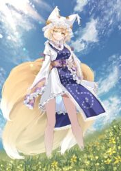  animal_hat bare_legs blonde_hair breasts closed_mouth day dress female fox_tail full_body hat highres large_breasts looking_at_viewer mob_cap multiple_tails outdoors sarasadou_dan short_dress short_hair solo standing tabard tail touhou yakumo_ran yellow_eyes 