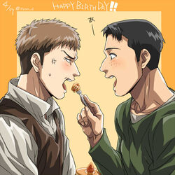  2boys anger_vein black_hair blush feeding freckles from_side green_shirt happy_birthday jean_kirstein male_focus marco_bott multiple_boys shingeki_no_kyojin shirt short_hair smile yaoi zyunya 