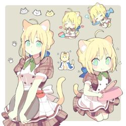  87banana ahoge alternate_costume animal_ears artoria_pendragon_(fate) blonde_hair blush bow bowtie breasts cat_ears cat_girl cat_tail closed_eyes commentary_request crown eating extra_ears fate/grand_carnival fate/stay_night fate_(series) feline female fish green_eyes hair_between_eyes hair_bun heart holding holding_tray looking_at_viewer mini_crown multiple_views saber_(fate) short_sleeves single_hair_bun sleeping small_breasts tail tray waitress 