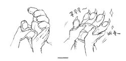  2boys animal_hands arknights bad_id bad_twitter_id claws couple fingernails furry furry_male furry_with_furry grabbing_another&#039;s_hand greyscale hand_focus highres hung_(arknights) korean_commentary korean_text male_focus monochrome mountain_(arknights) multiple_boys pressing sharp_fingernails sigppang_(2shot00002) size_difference sparkle translation_request yaoi 