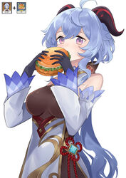  absurdres ahoge aihara_(aiharaorenji) bangs bare_shoulders blue_hair bodystocking bread_bun breasts chicken_sandwich detached_sleeves eating female food fried_chicken ganyu_(genshin_impact) genshin_impact goat_horns hair_between_eyes highres holding holding_food horns leotard leotard_under_clothes lettuce long_hair medium_breasts purple_eyes sidelocks solo vision_(genshin_impact) white_background 