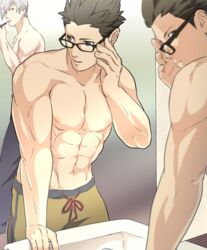  2boys abs adjusting_eyewear bara bathroom black_hair black_pants brown_eyes brown_hair brown_pants brushing_teeth glasses holding holding_toothbrush indoors ishida_mitsunari_(sengoku_basara) jigoku_meguri large_pectorals looking_at_another male_focus mirror multiple_boys muscular muscular_male navel nipples pants pectorals reflection sengoku_basara short_hair spiked_hair tokugawa_ieyasu_(sengoku_basara) toothbrush topless_male white_hair 