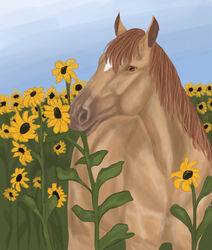  ambiguous_gender brown_eyes digital_media_(artwork) equid equine facial_markings feral flower hair head_markings hi_res horse looking_at_viewer mammal markings midrate pearl_(wasen) plant solo sunflower tan_body tan_hair 