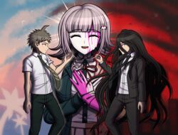  2boys :d absurdres ahoge animal bird black_hair black_jacket black_necktie black_pants blood blood_on_clothes blood_on_face blood_on_hands brown_hair brown_pants collared_shirt commission danganronpa_(series) danganronpa_2:_goodbye_despair danganronpa_3_(anime) dress_shirt flipped_hair formal fulltimeangel13 galaga green_necktie hair_ornament hands_up highres hinata_hajime holding holding_hair_ornament hope&#039;s_peak_academy_school_uniform jacket kamukura_izuru long_hair long_sleeves medium_hair multiple_boys nanami_chiaki neck_ribbon necktie open_clothes open_jacket own_hands_together pale_skin pants pink_blood profile red_background red_ribbon ribbon school_uniform shirt short_hair short_sleeves smile spaceship_hair_ornament spoilers tears unworn_hair_ornament very_long_hair white_shirt 