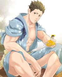  1boy bara black_hair brown_eyes day food holding holding_plate japanese_clothes jigoku_meguri kimono large_pectorals looking_at_viewer male_focus muscular muscular_male outdoors pectorals plate revealing_clothes sengoku_basara short_hair sitting solo spiked_hair thick_thighs thighs tokugawa_ieyasu_(sengoku_basara) utensil_in_mouth yukata 