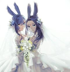  2girls absurdres animal_ears bloom blue_eyes blue_hair bouquet breasts bridal_veil dress eyelashes final_fantasy final_fantasy_xiv flower hair_flower hair_ornament hair_over_shoulder heterochromia highres kohina27831 leaf lily_(flower) multiple_girls parted_lips rabbit_ears rose simple_background small_breasts smile veil viera warrior_of_light_(ff14) wedding wedding_dress white_background wife_and_wife yellow_eyes yuri 