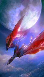  above_clouds absurdres animal_focus cloud crimson_glow_valstrax dragon dragon_tail dragon_wings fire flying full_moon highres monster_hunter_(series) monster_hunter_rise moon night night_sky no_humans norino_(106592473) outdoors scales scenery sky spikes tail valstrax wings 