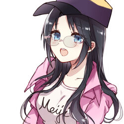  :o baseball_cap black_hair blue_eyes casual female glasses hat highres idolmaster idolmaster_shiny_colors jacket long_hair long_sleeves looking_at_viewer mitsumine_yuika open_mouth pink_jacket purple_hat rico_tta shirt simple_background solo white_background white_shirt 