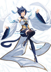  animal_ears athena_(trentgear) bare_shoulders black_hair blue_eyes blue_hair cat_ears cat_tail clothing_cutout commission commissioner_name cross-laced_clothes cross-laced_cutout detached_sleeves ear_ornament facial_mark female final_fantasy final_fantasy_xiv hair_ornament high_heels highres lyra-kotto miqo&#039;te one_eye_closed open_mouth outstretched_arms short_hair slit_pupils solo tail teeth thighhighs twitter_username upper_teeth_only warrior_of_light_(ff14) whisker_markings white_background wide_sleeves 