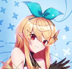  absurdres black_gloves blonde_hair blue_background brown_eyes collarbone female gloves green_ribbons hair_behind_ear hair_ribbon halterneck highres long_hair looking_at_viewer nijisanji nijisanji_en own_hands_together parted_lips pointy_ears pomu_rainpuff pomu_rainpuff_(1st_costume) portrait ribbon smile solo tsukinaga virtual_youtuber 