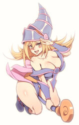  :d ankle_boots arm_up bad_id bad_pixiv_id bare_shoulders blonde_hair blue_footwear blush_stickers boots breasts carcass_(artist) cleavage collarbone dark_magician_girl duel_monster female hair_between_eyes hat highres korean_commentary large_breasts long_hair looking_at_viewer open_mouth pelvic_curtain salute simple_background smile solo staff thick_thighs thighs wand white_background wizard_hat yu-gi-oh! 