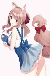  :o absurdres animal_ear_fluff animal_ears apron ass bare_arms bare_shoulders blue_apron blue_bow blue_eyes blue_skirt blush bow brown_background brown_hair commentary female highres holding holding_tray leaning_forward long_hair looking_at_viewer looking_back mizu_(lzzrwi603) original parted_lips pleated_skirt ponytail red_bow shirt simple_background skirt sleeveless sleeveless_shirt solo striped_clothes striped_skirt tail tail_bow tail_ornament tail_raised tray v-shaped_eyebrows vertical-striped_clothes vertical-striped_skirt white_shirt 