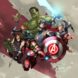  2girls 6+boys android animification armor avengers:_age_of_ultron avengers_(series) black_hair black_widow blue_eyes bodysuit bow_(weapon) breasts brown_hair captain_america dual_wielding english_commentary floating glowing glowing_eyes glowing_hand hair_behind_ear hammer hawkeye_(marvel) holding holding_bow_(weapon) holding_hammer holding_shield holding_weapon hulk iron_man jessada_sutthi lightning logo marvel marvel_cinematic_universe medium_breasts mjolnir_(marvel) multiple_boys multiple_girls muscular muscular_male open_hand photoshop_(medium) power_armor quicksilver running scarlet_witch shield sunglasses superhero_costume thor_(marvel) topless_male vision_(marvel) weapon white_hair yellow_eyes 