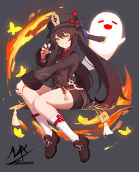  :d =_= absurdres black_footwear black_hat black_nails black_shorts boo_tao_(genshin_impact) brown_eyes brown_hair brown_jacket closed_eyes commentary female fire flower full_body genshin_impact ghost grey_background grin hand_on_own_knee hat hat_flower highres hu_tao_(genshin_impact) jacket loafers long_hair looking_at_viewer nail_polish oerba_yun_fang one_eye_closed red_flower shimmer shoes short_shorts shorts smile socks solo twintails very_long_hair white_socks 