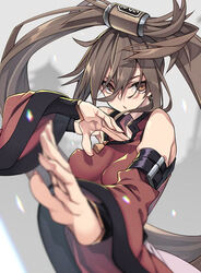  10mo bare_shoulders breasts brown_eyes brown_hair china_dress chinese_clothes commentary covered_nipples detached_sleeves dress female fighting_stance fingernails fog guilty_gear guilty_gear_x guilty_gear_xx hair_rings highres kuradoberi_jam large_breasts long_hair open_mouth outdoors pagoda parted_lips red_dress solo tassel upper_body wide_sleeves 