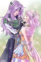  2girls breasts dress earrings faris_scherwiz final_fantasy final_fantasy_5 hair_ornament headband jewelry lenna_charlotte_tycoon long_hair multiple_girls open_mouth pink_hair purple_hair short_hair siblings simple_background sirotuka_lambda sisters skirt smile 