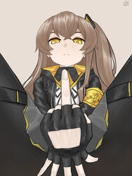  404_logo_(girls&#039;_frontline) absurdres armband bad_id bad_pixiv_id between_legs black_gloves black_jacket black_pantyhose brown_background brown_hair commentary_request covering_crotch covering_privates female fingerless_gloves from_below frown girls&#039;_frontline gloves hand_between_legs highres jacket long_hair looking_at_viewer middle_finger no_scar one_side_up pantyhose simple_background skirt solo ump45_(girls&#039;_frontline) wdb-33f yellow_armband yellow_eyes 