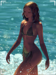  a.x. battery_indicator beach bikini breasts brown_hair closed_eyes dark_skin dated female halterneck highres medium_hair navel ocean original outdoors parted_lips recording side-tie_bikini_bottom small_breasts solo string_bikini swimsuit viewfinder walking water 