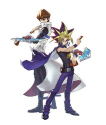  2boys back-to-back black_hair blonde_hair blue_eyes boots brown_hair dyed_bangs floating_clothes highres jacket jacket_on_shoulders kaiba_seto male_focus multicolored_hair multiple_boys purple_hair spiked_hair standing tom_liu white_background white_jacket yami_yugi yu-gi-oh! yu-gi-oh!_duel_monsters 