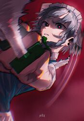  absurdres apron blast-7 blue_eyes commentary female grey_hair highres holding holding_knife izayoi_sakuya knife maid_apron maid_headdress red_pupils shirt short_hair short_sleeves signature smear_frame solo touhou upper_body white_headwear white_shirt 