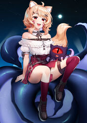  :d ahoge alheitrakzoth animal_ear_fluff animal_ears artist_name asymmetrical_legwear bare_shoulders belt blonde_hair cat_ears cat_girl cat_tail colored_inner_hair commentary creature detached_collar english_commentary facial_mark female full_body hair_ornament hairclip highres indie_virtual_youtuber kneehighs multicolored_hair off-shoulder_shirt off_shoulder open_mouth pleated_skirt red_eyes red_legwear red_skirt sasoura shirt short_hair shyrei_faolan single_kneehigh single_sock single_thighhigh sitting skirt sky smile socks solo star_(sky) starry_sky tail teeth tentacle thigh_strap thighhighs upper_teeth_only virtual_youtuber vyugen whisker_markings white_shirt 