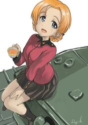  :d artist_name black_ribbon blue_eyes braid churchill_(tank) commentary cup female girls_und_panzer hair_ribbon hand_on_own_thigh highres holding holding_cup kuroneko_douji looking_at_viewer military military_vehicle motor_vehicle on_vehicle open_mouth orange_hair orange_pekoe_(girls_und_panzer) parted_bangs ribbon short_hair sitting smile solo st._gloriana&#039;s_military_uniform tank tea teacup tied_hair twin_braids white_background 