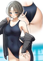  absurdres adjusting_clothes adjusting_swimsuit armpits ass bare_shoulders blue_eyes blue_one-piece_swimsuit blush breasts cleavage collarbone competition_swimsuit covered_navel cowboy_shot female grey_hair grey_jacket hand_on_own_thigh highleg highleg_swimsuit highres jacket large_breasts long_sleeves looking_at_viewer multiple_views off_shoulder one-piece_swimsuit original parted_bangs parted_lips short_hair sino42 sportswear swimsuit swimsuit_under_clothes wet 