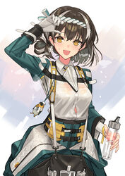  arknights arm_up bird_mask black_hair brown_eyes button_gap cameo collared_shirt commentary dress_shirt earrings emperor_(arknights) female gloves hachimaki headband highres jewelry long_sleeves looking_at_viewer magallan_(arknights) magallan_(shaved-ice_memories)_(arknights) mask mask_around_neck multicolored_hair nejiri_hachimaki official_alternate_costume open_mouth shirt short_hair sigm@ smile snowflake_earrings snowflakes solo streaked_hair sweat symbol-only_commentary two-tone_hair white_gloves white_hair white_shirt 