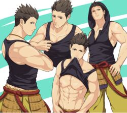  1boy abs back bara bare_pectorals black_hair black_tank_top brown_eyes cleavage_cutout closed_mouth clothes_in_mouth clothes_lift clothing_cutout commentary_request hood hood_up jigoku_meguri large_pectorals lifting_own_clothes looking_at_viewer looking_back male_focus mouth_hold multiple_views muscular muscular_male pants pectoral_cleavage pectorals sengoku_basara shirt_lift short_hair smile spiked_hair tank_top teeth tokugawa_ieyasu_(sengoku_basara) yellow_pants 