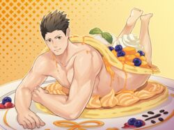  1boy arm_support bara black_hair brown_eyes closed_mouth feet_up food jigoku_meguri large_pectorals looking_at_viewer lying male_focus muscular muscular_male nude on_stomach pancake pectorals plate sengoku_basara short_hair smile solo spiked_hair syrup the_pose tokugawa_ieyasu_(sengoku_basara) 