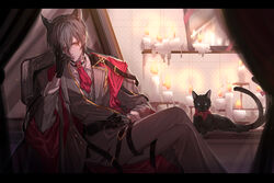  1boy absurdres animal_ears arknights bishounen black_cat black_gloves candle candlelight cat_boy cat_ears chair chongyou_pomelo christine_(arknights) cowboy_shot crossed_legs curtains feline formal gloves highres letterboxed male_focus mirror necktie official_alternate_costume orange_eyes phantom_(arknights) phantom_(dream_within_a_dreammare)_(arknights) red_ribbon ribbon sitting slit_pupils solo suit 