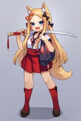  :d abigail_williams_(fate) animal_ear_fluff animal_ears bag blonde_hair blue_eyes blush breasts cosplay extra_ears fate/extra fate/extra_ccc fate/extra_ccc_fox_tail fate/grand_order fate_(series) female forehead fox_ears fox_tail full_body highres katana long_hair looking_at_viewer miya_(miyaruta) oerba_yun_fang open_mouth parted_bangs red_skirt shirt short_sleeves shoulder_bag skin_fang skirt small_breasts smile solo stuffed_animal stuffed_toy suzuka_gozen_(fate) suzuka_gozen_(fate)_(cosplay) sword tail teddy_bear weapon white_shirt 