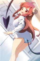  absurdres ahoge ass blush breasts brown_eyes brown_hair cleavage commentary demon_girl demon_horns demon_tail female highres horns large_breasts long_hair looking_at_viewer machikado_mazoku oekakiism open_mouth panties shirt smile solo standing tail underwear white_panties white_shirt yoshida_yuuko_(machikado_mazoku) 