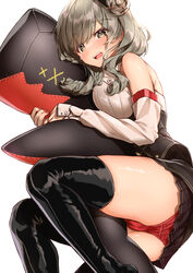  absurdres azur_lane black_footwear blush boots braid breasts brown_skirt classic_(zildjian33) drill_hair drill_sidelocks feet_out_of_frame female grey_eyes grey_hair hair_bun highres hugging_object knee_boots leather leather_boots long_hair long_sleeves looking_at_viewer luetzow_(azur_lane) lying medium_breasts on_side open_mouth panties pillow pillow_hug red_panties shirt sideboob sidelocks single_side_bun skirt solo tears teeth thighhighs underwear upper_teeth_only white_background white_shirt 