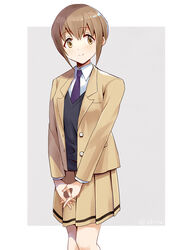  black_cardigan blazer brown_eyes brown_hair cardigan closed_mouth collared_shirt commentary_request cowboy_shot female freckles grey_background highres jacket long_sleeves looking_to_the_side necktie okiru open_clothes open_jacket own_hands_together pleated_skirt purple_necktie school_uniform shirt short_hair skirt smile solo standing tanaka_mako twitter_username two-tone_background watashi_ga_motenai_no_wa_dou_kangaetemo_omaera_ga_warui! white_background white_shirt yellow_jacket yellow_skirt 