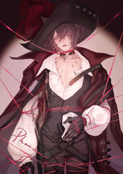  1boy absurdres animal_ears arknights bishounen black_gloves blouse brown_hair cape cat_boy cat_ears character_name choker ciao940106 commentary_request gloves hat highres male_focus material_growth official_alternate_costume oripathy_lesion_(arknights) phantom_(arknights) phantom_(focus)_(arknights) red_ribbon restrained ribbon rope shirt short_hair sword weapon white_shirt yellow_eyes 