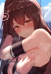  arito_arayuru armpits azur_lane bare_shoulders bikini black_bikini black_hair blush breasts brown_eyes cleavage commentary_request female hair_between_eyes highres long_hair looking_at_viewer official_alternate_costume solo swimsuit zuikaku_(azur_lane) zuikaku_(the_wind&#039;s_true_name)_(azur_lane) 