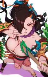  aduti_momoyama bead_necklace beads breasts brown_eyes brown_hair cleavage commentary dynamic_pose female fighting_stance fire_emblem fire_emblem_fates fire_emblem_heroes foreshortening hair_over_one_eye highres holding holding_weapon jewelry kagero_(fire_emblem) kagero_(winds_offered)_(fire_emblem) large_breasts long_hair looking_at_viewer necklace ninja official_alternate_costume perspective ponytail solo weapon white_background 